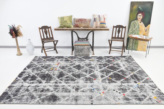 7x9 Area Rug, 7x9 Vintage Rug, 7x9 SCANDINAVIAN TURKISH VINTAGE Rug, 7x9, Wool Handmade Oushak, 7x9 Rugs, Gray & Black Area Rug, Bohemian