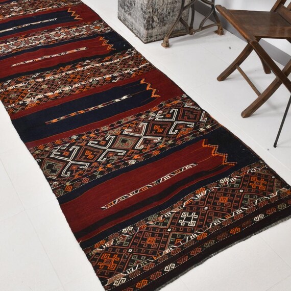 3x11 Vintage Burgundy Kilim Runner Rug, 3x11 Wool Jute Kilim Rug, Hallway Rug, Turkish Kilim Rug, 3x11 Handwoven Kilim Rug, 3x11 Area Rug