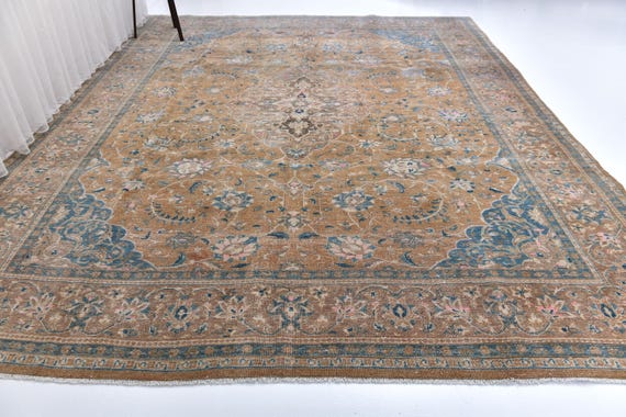 9x12 Vintage Persian Area Rug, Camel, Blue Color Rug, 9x12 Handmade Luxury Rug, Traditional Oriental Rug, 9x12Antique Design Large Area Rug