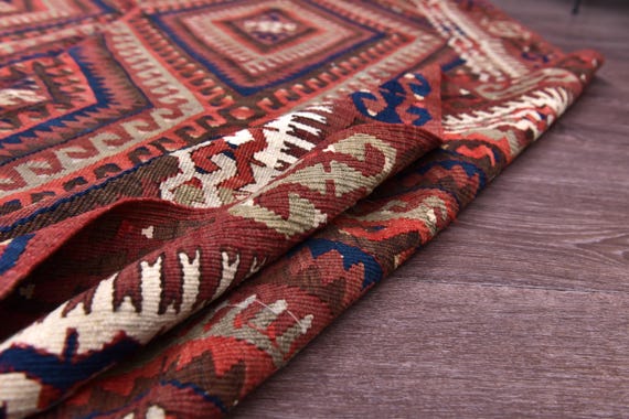 5x10 Vintage Turkish Faded Kilim Rug, 5x10 Handmade Wool Jute Kilim Rug, Red Brown Blue Color, 5x10 Traditional Turkish Rug, 5x10 Area Rug