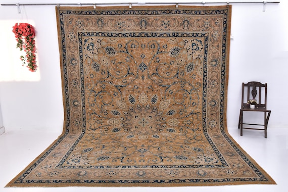 10x13 Antique Persian Area Rug, Handmade Luxury Rug, Large Area Rug, 10x13 Living Room Rug, Traditional Persian Rug, 10x13 Rug, Salmon Blue