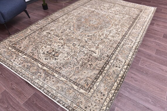 6x10 Vintage Faded Turkish Area Rug, Cream Brown Beige Color, 6x10 Handmade Wool Rug, 6x10 Soft Area Rug 6x10 Living Room Rug 6x10 Area Rugs