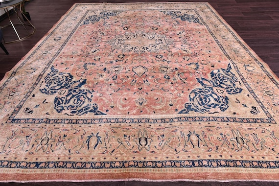 10x13 Antique Unique Oriental Rug, Peach Beige Color, Handmade Quality Rug,