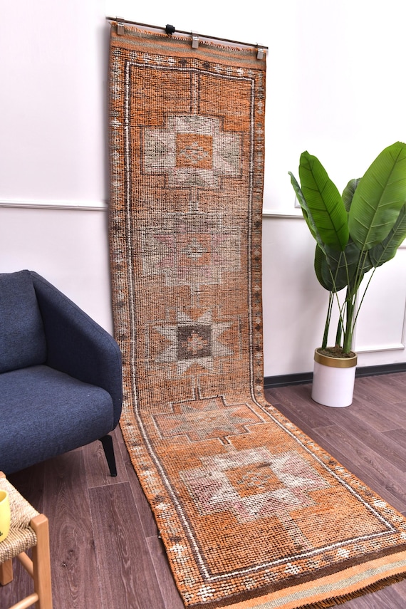 3x11 Vintage Faded Wool Runner Rug, Copper Cream Color, Handmade Soft Wool, Traditional Design, Farmhouse Decor,