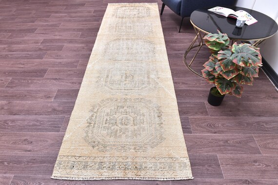 3x10 Vintage Floral Runner Rug, 3x10 Caramel Tones Rug, 3x10 Handmade Wool Rug, 3x10 Hallway Runner 3x10 Floral Pattern, 3x10 Faded Rug