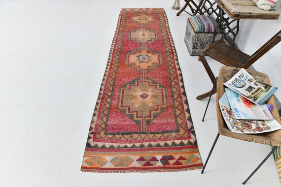 3x11 Vintage Handmade Wool Herki Runner Rug, 3x11 Shades of Red & Pink, Hallway Runner Rug, 3x11 Natural Rug, Soft Rug