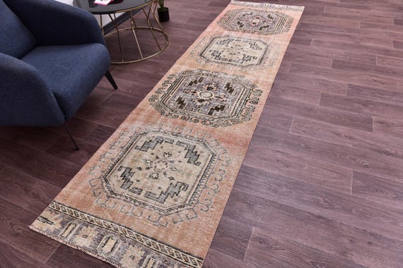 3x10 Vintage Faded Runnner Rug, 3x10 Handmade Wool, 3x10 Geometric Medallion Runner, Peach Blue Color, 3x10 Hallway Runner Rug,