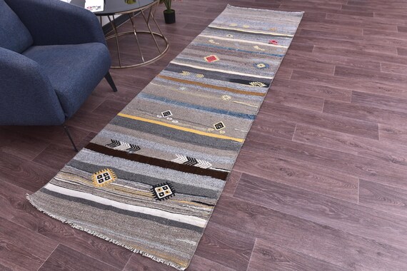 3x10 Vintage Kilim Runner Rug, Gray Brown Yellow Color, 3x10 Handmade Wool Jute Rug, Traditional Striped Rug, 3x10 Farmhouse Rug Hallway Rug