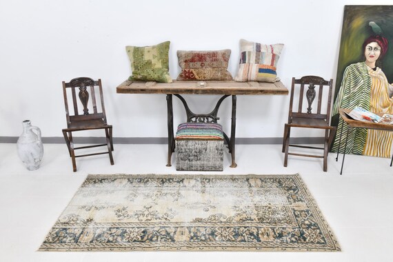 3x7 Area Rug, 3x7 Faded Vintage, 3x7 Sun Muted Turkish Vintage Rug, 3x7, Shabby Chic Handmade Rug, 3x7 Rugs, Beige & Dark Blue Rug, Antique