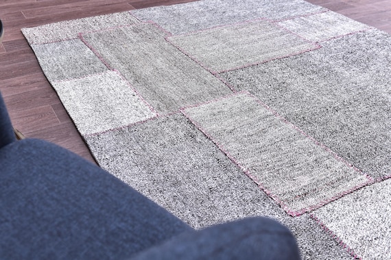 6x8 Vintage Kilim Patchwork Rug, Gray White Color, 6x8 Handmade Wool Jute Rug, 6x8 Living Room Bedroom Rug, Tribal Kilim Rug, Farmhouse Rug
