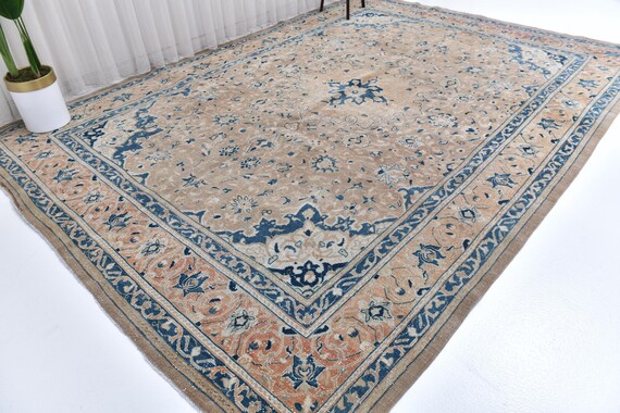 9x12 Antique Persian Rug, Large Area Rug, Handmade Wool Persian Rug, 9x12 Rugs, Blue Brown Color, 9x12 Elegant Area Rugs, Living Room Rug
