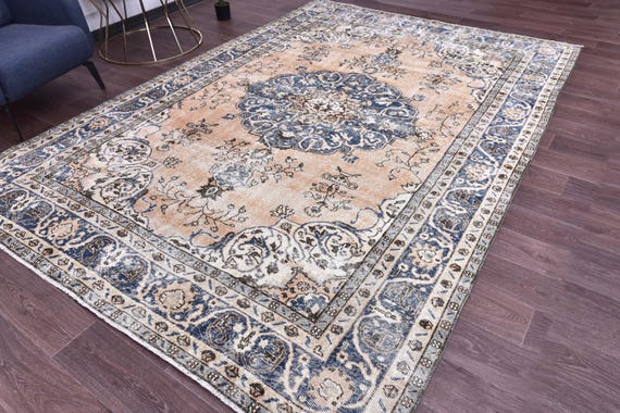 7x11 Vintage Faded Rug, Muted Orange Blue Cream Rug, 7x11 Floral Area Rug, 7x11 Living Room Rug, 7x11  Distressed Rug, 7x11 Handmade Rug