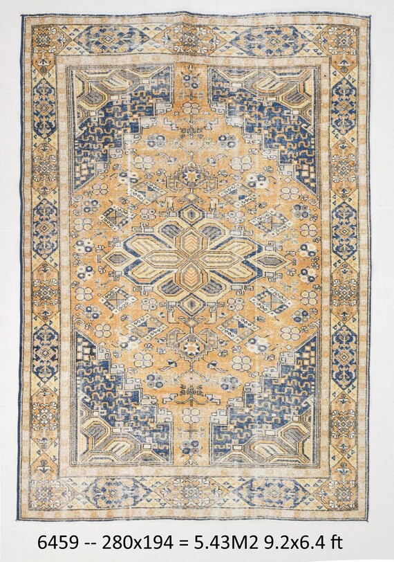 6x9 Rustic Oriental Vintage Persian Rug, Shades Of Blue Orange, Wool Handmade Persian, 6x9 Area Rug, One Of A Kind, Rug For Living Room, 59s