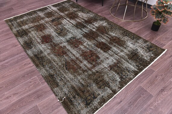 5x8 Vintage Turkish Faded Rug, Ombre Design, Handmade Wool, Green Brown Color, Distressed Rug