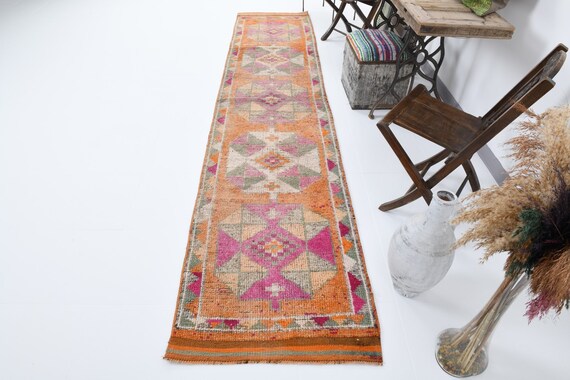 3x12 Oriental Herki Runner Rug, 3x12, 3x12 Herki Runner, Wool Handmade Oushak, 3x12 Rugs, Shades Of Pink & Orange, 3x12 Runner Rug, Anatolia