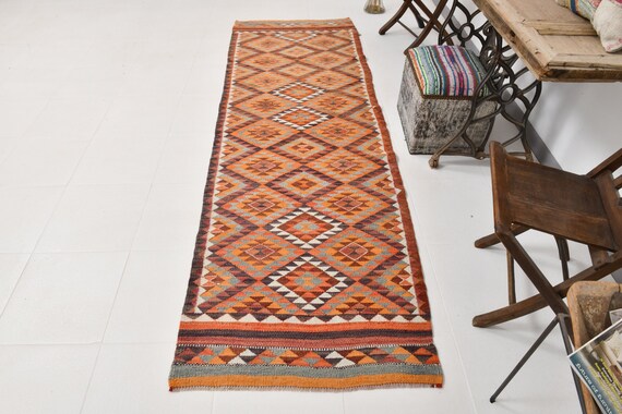 3x9 TURKISH VINTAGE RUNNER, 3x9 Brown Orange Vintage Runner Rug 3x9 Wool Handmade Herki 3x9 Runner Rug Scandinavian Decor 3x9 Turkish Runner