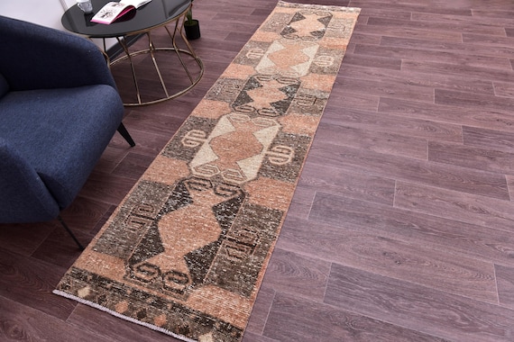 2x9 Vintage Faded Runner Rug, Handmade Wool Rug, Red Brown Color, 2x9 Geometric Hallway Rug, 2x9 Kithcen Runner Rug, 2x9 Area Rug