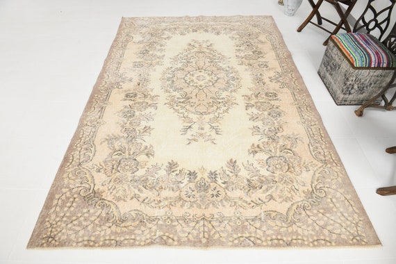 TURKISH RUG, 6x9 Vintage Turkey Rug, Handmade Oushak Rug, 6x9 Area Rug, 6x9 Rug, Turkey Rug, Beige and Brown Rug, Vintage Rug, 5.10x9.2 Ft