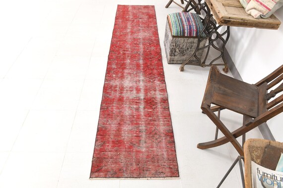 2x9 Runner Rug, 2x9 Vintage Runner, 2x9 Soft Wool Vintage Runner Rug, Narrow Handmade Oushak, 2x9 Rug, Shades Of Red & Black Rug, Antique