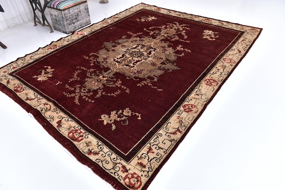 Antique Vintage Turkish Rug, 7x10 Area Rug, 55's Rug, Bohemian Decor Rug, 7x10 Oversize Vintage Rug, Large Area Rug, Vivid Red Color Rugs