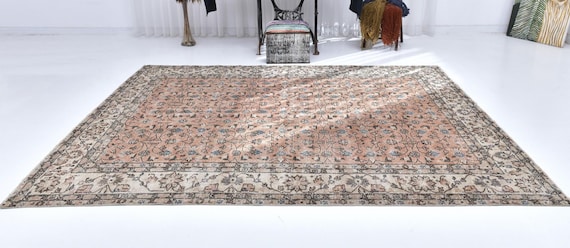 7x10 Pink & Beige Modern Vintage Rug, 7x10 Vintage Rug, 7x10, Wool Handmade Turkish, 7x10 Rug, 7x10 Turkish Rug, Rugs For The Living Room