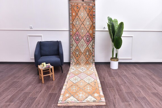2x12 Vintage Taupe Hallway Rug, Turkish Handmade Wool Rug, Kithcen Rug, 2x12 Tribal Rug, Taupe Peach Color