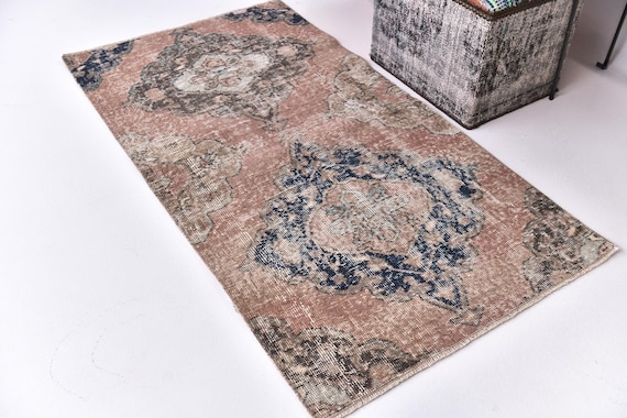2x5 Vintage Runner Rug, 2x5 Pastel Color Rug, 2x5 Rug, Handwoven Wool Rug, 2x5 Hallway Rug, 2x5 Turkish Runner, Terracotta Blue Color Rug