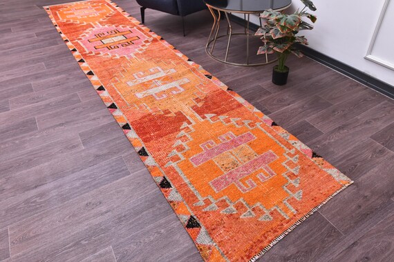 3x13 Antique Turkish Runner Rug, Geometric Pattern Rug, 3x13 Hallway Runner Rug, Copper Orange Black Color Rug, 3x13 Vintage Runner Rug