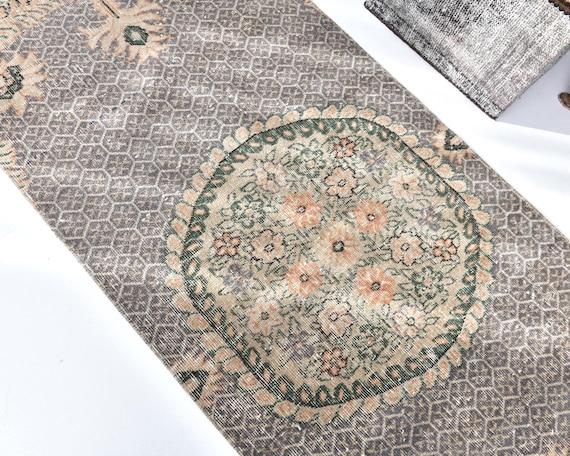 3x8 Vintage Runner Rug, 3x8 Gray Orange Vintage Runner Rug, 3x8 Rug, Handmade Wool Rug, 3x8 Runner Rug, 3x8 Turkish Runner, Hallway Runner