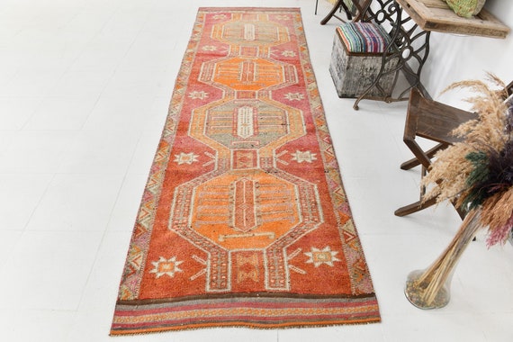 3x12 VINTAGE HERKI RUNNER Rug, 3x12, Wool Handmade Oushak, 3x12 Runner Rug, Red & Orange Rug, Turkish Runner 3x12, Rug For Hallway, Bedroom