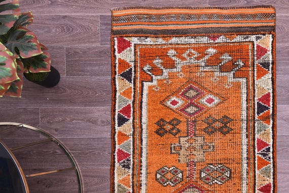 3x12 Vintage Soft Peach Herki Runner Rug, Handmade Wool Runner, 3x12, Hallway Rug, 3x12 Farmhouse Rug, Kithcen Rug, Peach Orange Color, Rugs