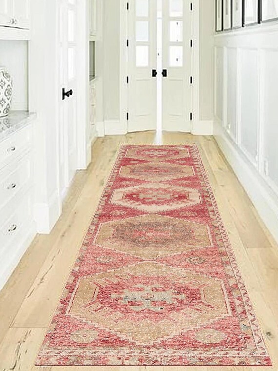 3x12 Turkish Faded Runner Rug, 3x12 Turkish Runner, 3x12 Rug, Handmade Wool Rug, 3x12 Vintage Runner, Pale Red Beige Rug, Hallway Entrway