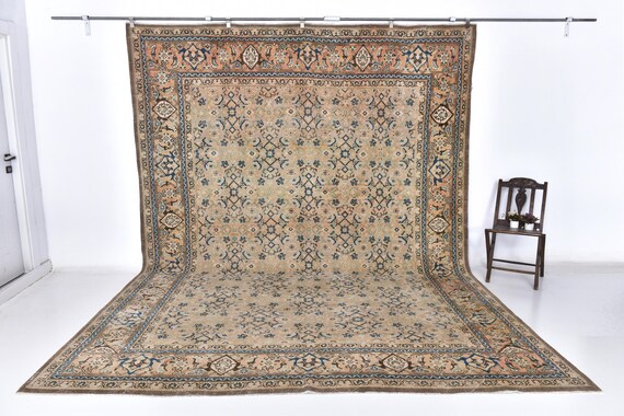 10x13 Antique Unique Brown Area Rug,  Salmon Blue Color, Living Room Rug, Outlet Rug