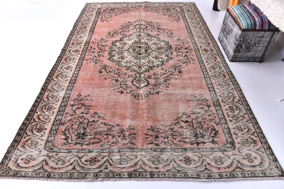 6x9 Vintage Turkish Faded Rug, Dusty Rose Green Color, 6x9 Medallion Design, 6x9 Handamde Wool Rug, 6x9 Traditional Rug, Floral Rug 6x9,