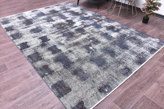 6x9 Vintage Faded Overdyed Rug, Gray Purple Color, 6x9 Area Rug, Farmhouse Decor, Check Rug, 6x9 Rug, Living Room Bedroom Rug