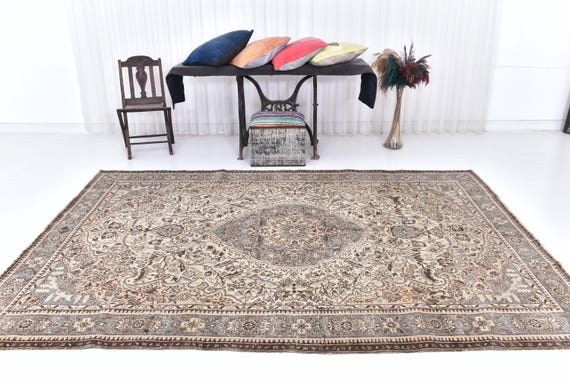 Antique Vintage Turkish Rug, 7x10 Vintage Rug, 7x10 Dark Brown Rug, Oversize Vintage Rug, Large Area Rug, 7x10 Rugs, Washable Rug, 7x10 Rugs