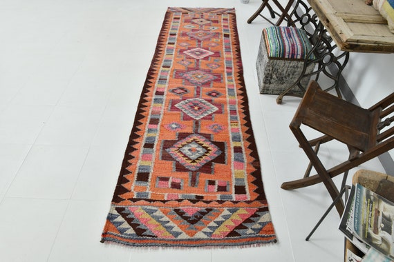 3x10 KILIM VINTAGE RUNNER Rug, 3x10 orange wool Vintage Runner, 3x10 orange diamond design Runner Rug, Orange & Red Hallway Runner rug.