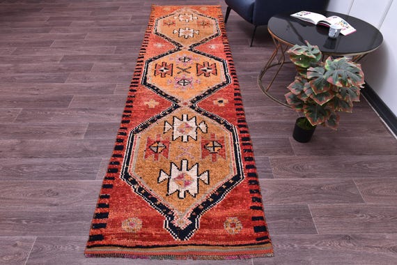 3x10 Vintage Soft Peach Herki Runnner Rug, 3x10 Handmade Wool, 3x10 Geometric Medallion Runner, Peach Blue Color, 3x10 Hallway Runner Rug,