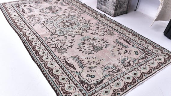 5x9 Vintage Turkish Oushak Rug, 5x9 Distressed Pink Sage Green Medallion Rug, 5x9 Boho Shabby Chic Home Decor, 5x9 Woven Rug, Faded Area Rug