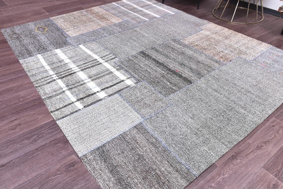 8x10 Patchwork Kilim Area Rug, 8x10 Gray Color, 8x10 Large Area Rug, Wool Handmade Kilims, Rugs 8x10, Neutral Rug, Tribal Kilim Rug