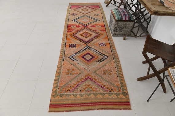 3x10 Runner Rug, Turkish Runner 3x10, 3x10 VINTAGE TURKISH RUNNER Rug, 3x10, Handmade Oushak Rug, 3x10 Turkish Runner, Blue Orange Rug, 60s