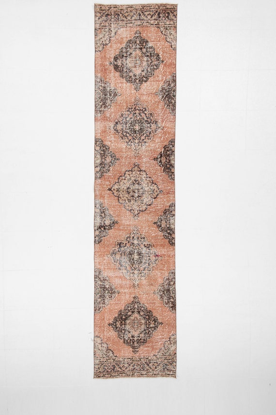 3x12 orange Vintage Turkish Runner Rug, 3x12 Turkish Runner Wool Handmade Oushak Rug 3x12 Runner Rug Orange & Brown Rug Wide Kitchen Rugs
