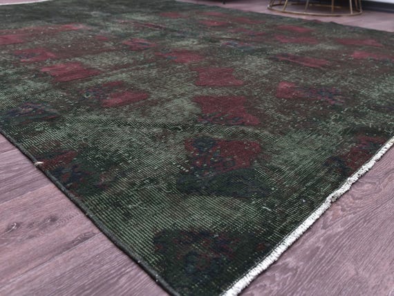 7x9 Vintage Overdyed Rug, 7x9 Farmhouse Rug, Forest Green Burgundy Color, Handmade Wool Rug, 7x9 Area Rug, 7x9 Copper White Color, Faded Rug