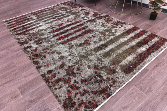 6x9 Vintage Distresset Area Rug, Handmade Wool Rug, 6x9 Gray Red Color, Abstrach Patterned Rug, Farmhouse Rug, 6x9 Living Room Rug