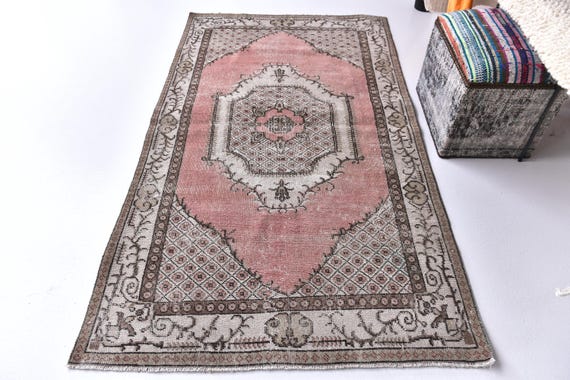 4x6 Vintage Turkish Small Rug, Rose Brown Cream Color, 4x6 Medallion Style, Handmade Wool Rug, Oriental Rug, 4x6 Rug, Vintage Accent  Rug