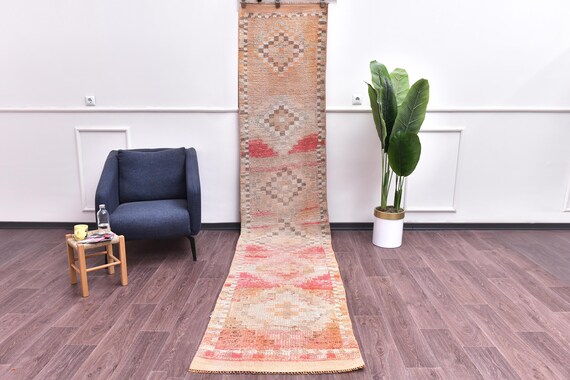 2x13 Vintage Faded Handmade Stair Hallway Rug, Kithcen Rug, Taupe Peach Color