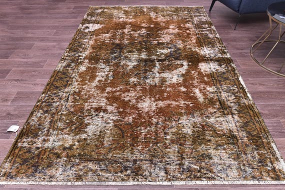 6x9 Vintage Distresse Rug, Handmade Wool Rug, 6x9 Copper Brown Color, Abstrach Patterned Rug, Farmhouse Rug, 6x9 Living Room Rug