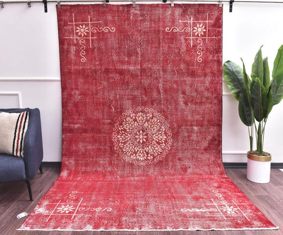 6x10 Vintage Red Handmade Faded Floral Oriental Area Rug, Red Gold Color, Outlet, Oriental