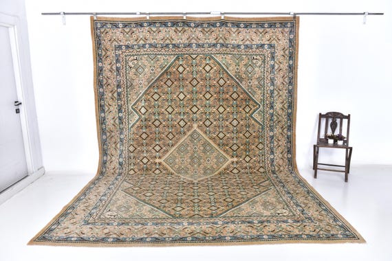 10x13 Blue Mustard Vintage Rug, 10x13 Oversize Vintage Rug, Large Area Rug, 10x13 Rug, Wool Handmade Persian Rug, 10x13 Persian Rug, Antique