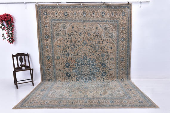 9x12 Vintage Turkish Wool Rug: Blue Peach Oriental Area Rug